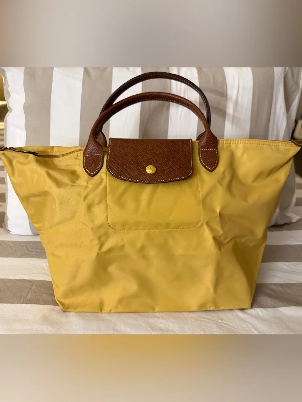Longchamp Nylon Tote in Mustard Yellow with Brown Leather Trim